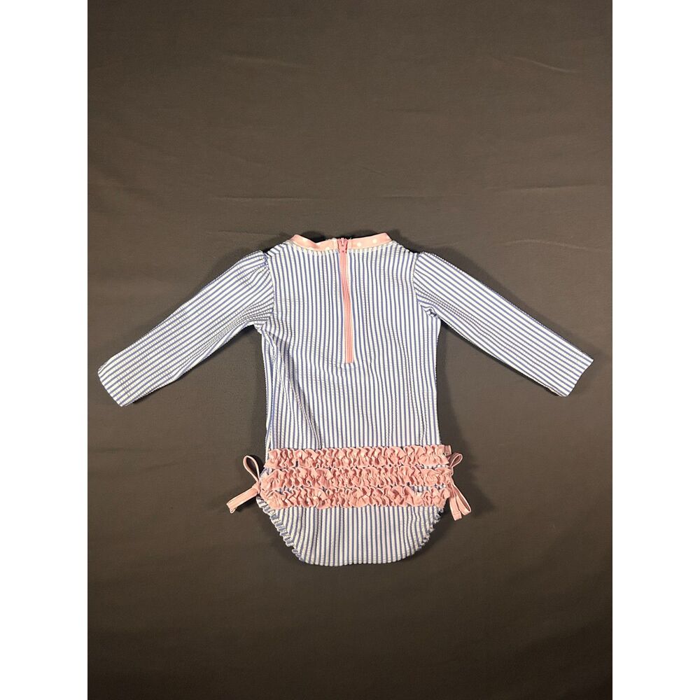 RuffleButts Blue Seersucker Stripe Rash Guard Swimsuit 12-18M Long Sleeve UPF 50